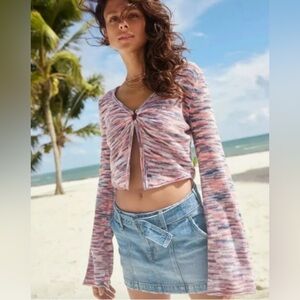 American Eagle Pink Multicolored Key Hole Crop Long Sleeve Knit Top Sz M